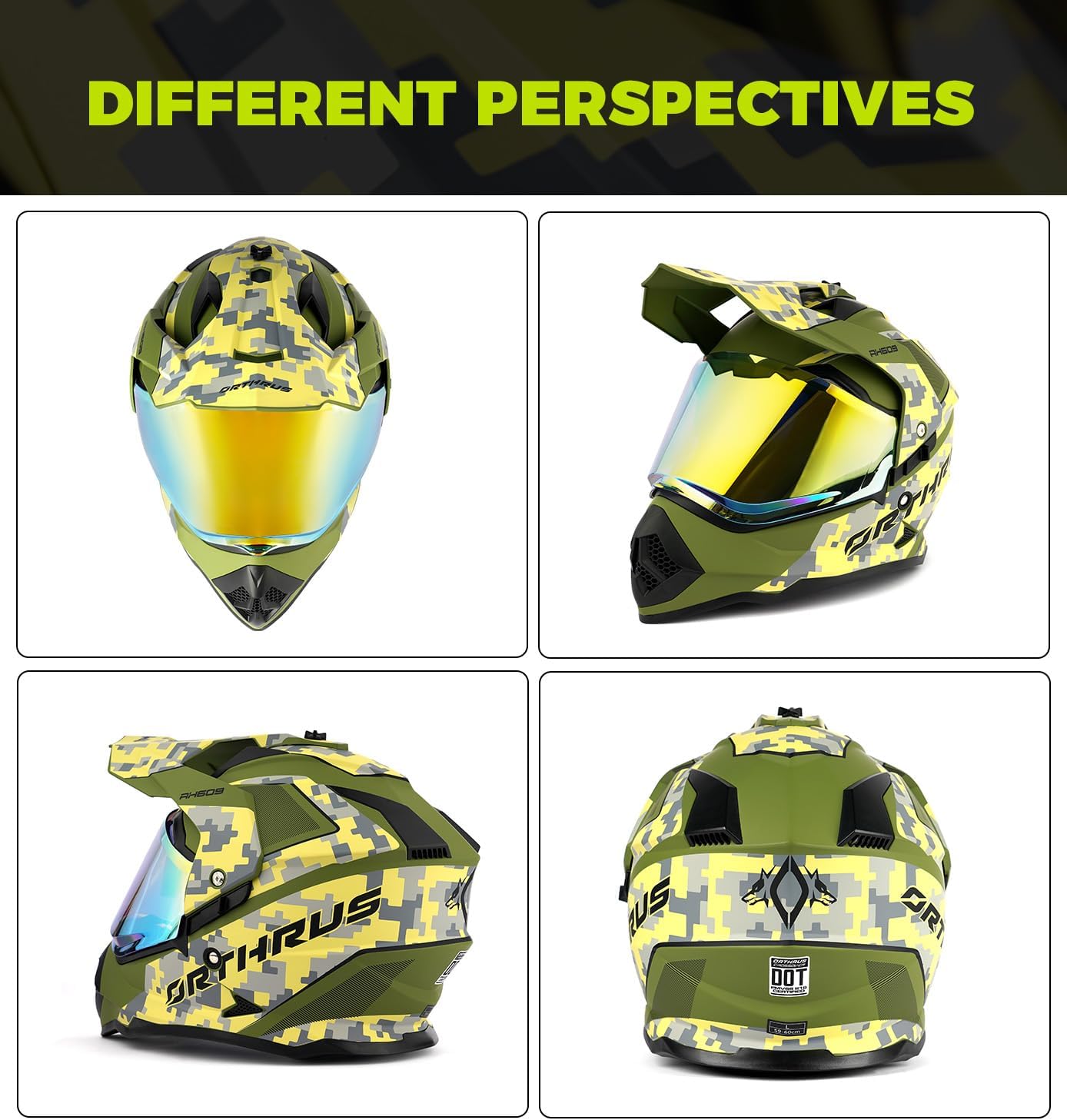 Orthrus Dual Sport Adventure Motorcycle Helmet DOT Certified for Adults ATV UTV Dirt Bike Snowmobile Off Road Helmets