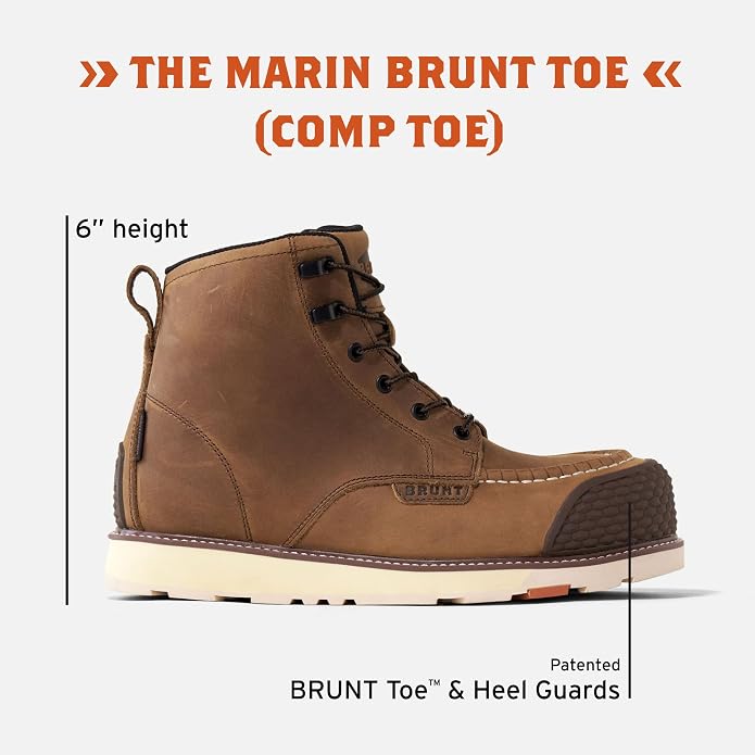 MEN (11) BRUNT Marin BRUNT Toe (Comp Toe) - 6" Waterproof Reinforced Wedge Work Boot - EH Rated - Slip + Oil Resistant - Adjustable Width System