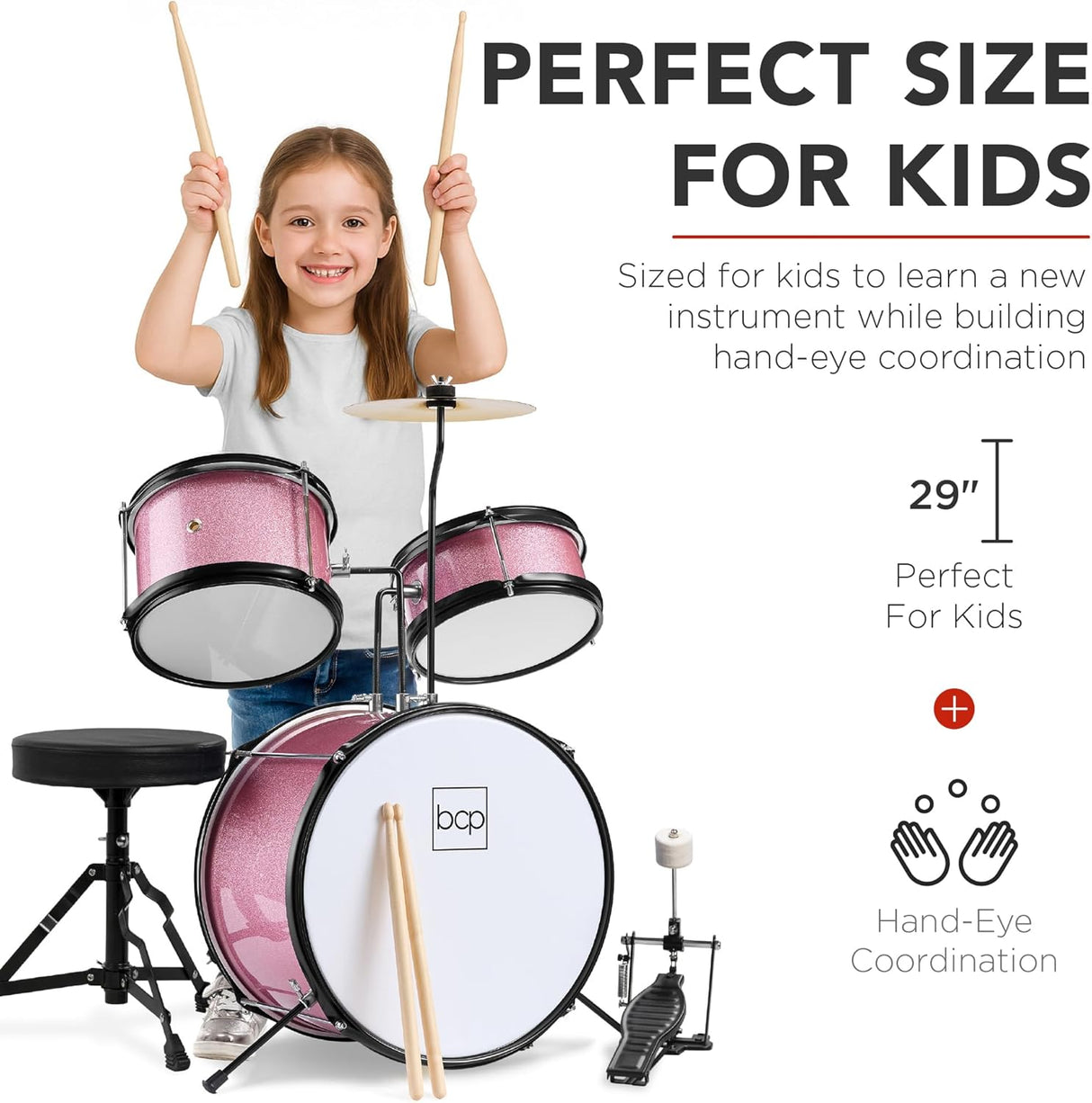 Best Choice Products 3-Piece Beginner Drum Set for Kid       Pink Sparkle