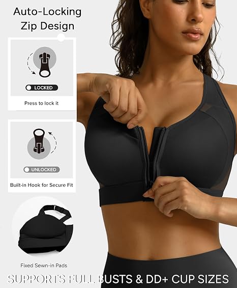 BRXL Women's Sports Bra With Front Closure Plus Size - Black - 3XL (NIB)
