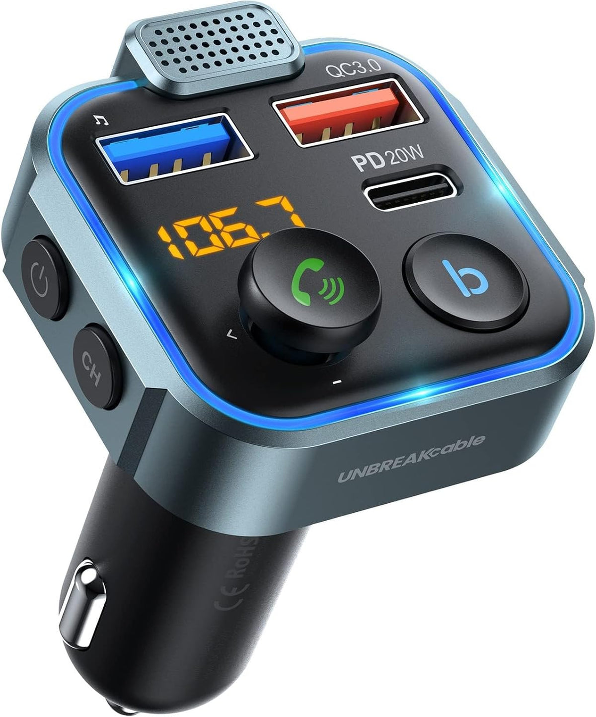 UNBREAKcable Bluetooth 5.3 FM Transmitter for Car Radio Adapter Charger
