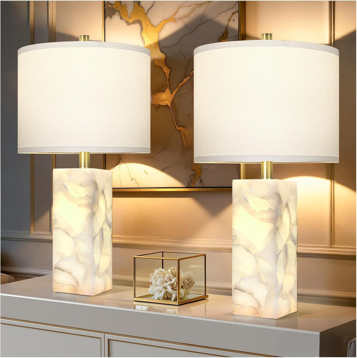 Scenekoy Alabaster Table Lamp Set of 2 with Night Light for Bedroom Living Room, 23" Rotary Switch Bedside Lamp with Linen Shade, Modern Nightstand Lamps for Room Office Dorm (Bulb Included)