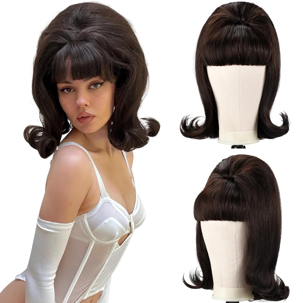 LONAI Retro Brown Wig 50s 60s 70s Wig with Bangs for Women Synthetic Hair for Halloween Costume Party