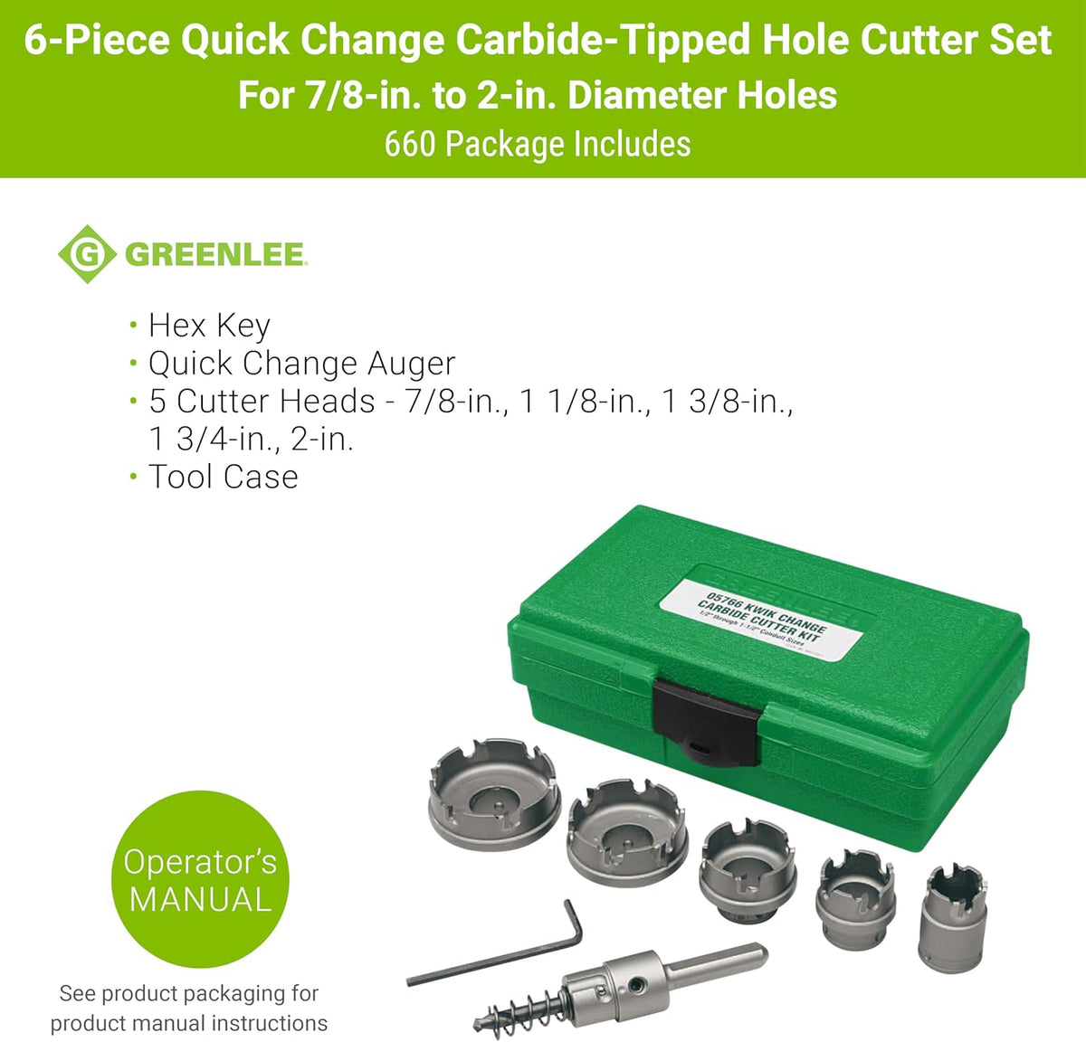 *Greenlee 660 6-Piece Quick Change Carbide-Tipped Unfinished Hole Cutter Set, 7/8" - 2"