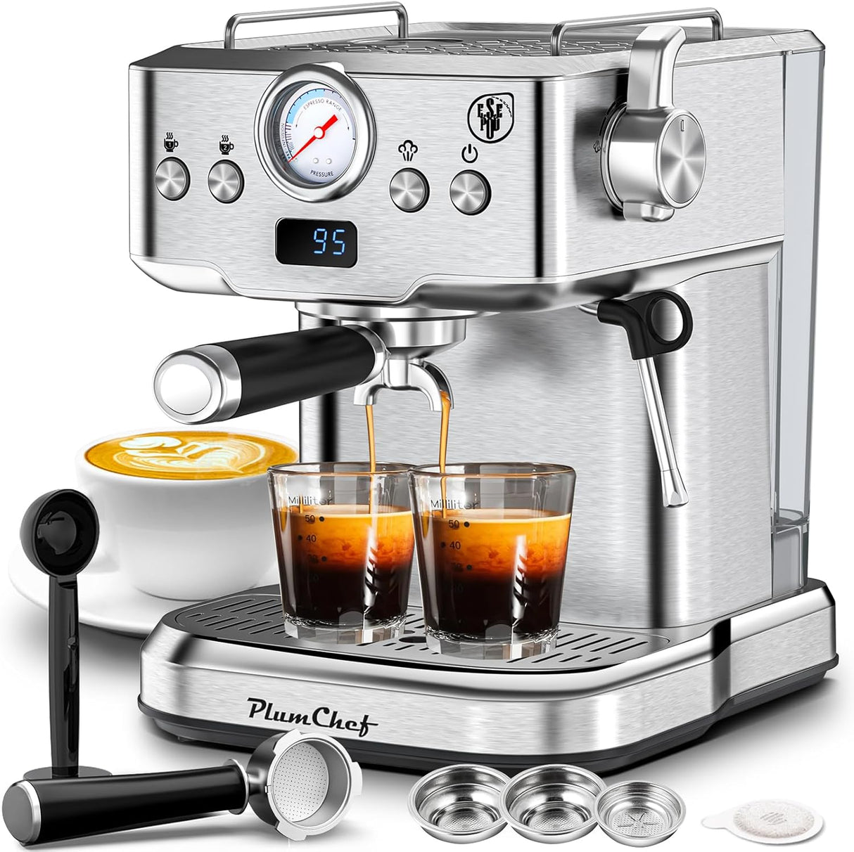 PlumChef Espresso Machine 20 Bar Professional Compact Household Coffee Espresso Maker with Milk Frother