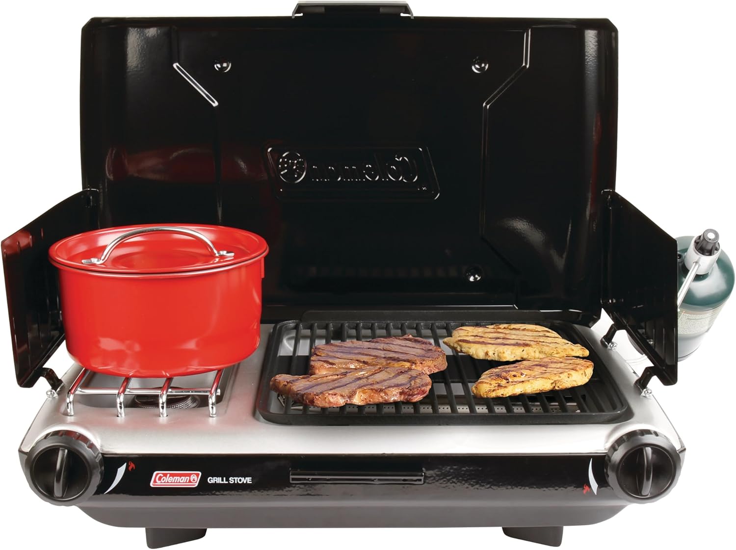 Coleman Tabletop 2-in-1 Camping Grill/Stove, 2-Burner Propane Grill & Stove with Adjustable Burners & 20,000 BTUs of Power, Great for Camping, Tailgating, Grilling