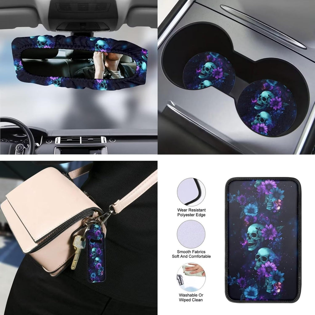 Baxinh Skull Floral Printed 15pc Car Accessories -Purple/Skull Floral