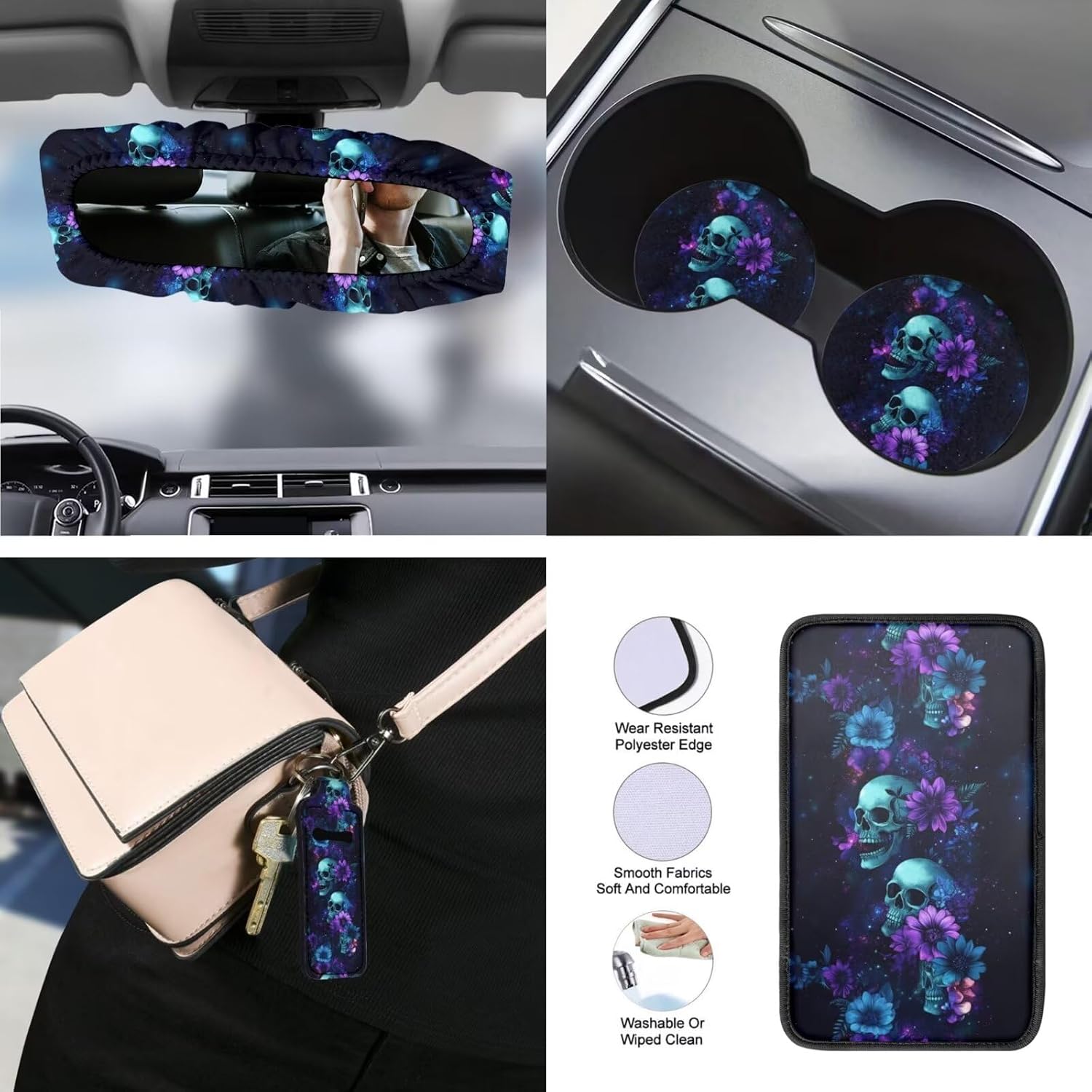 Baxinh Skull Floral Printed 15pc Car Accessories -Purple/Skull Floral
