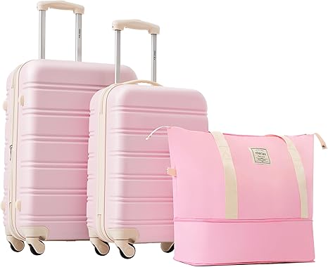 Merax Luggage Sets 2 Piece Expandable Hardside Luggage with Travel Bag Suitcase Set with Spinner Wheels(20+24+bag,Light Pink-1)