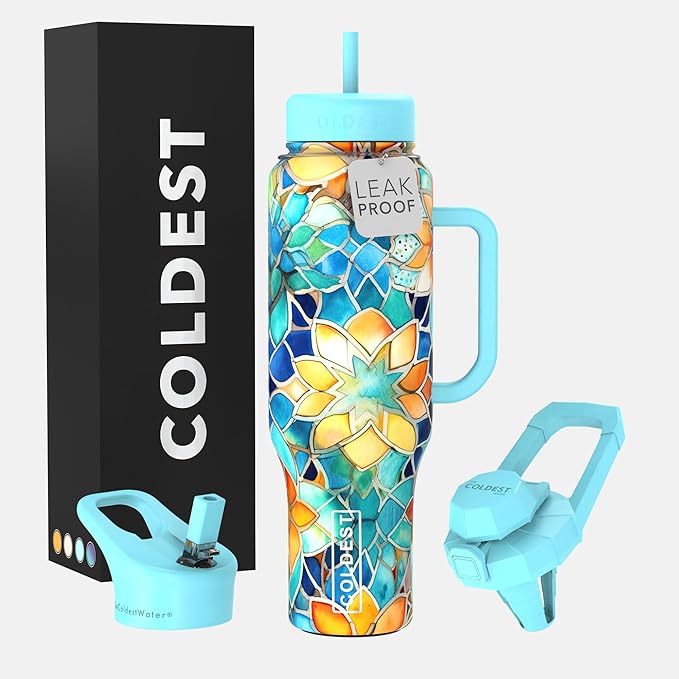 Coldest 40 oz Tumbler with Handle and Straw, 100% Leak Proof Insulated Tumbler with Lid and Straw (3 Lids), Stainless Steel Tumblers for Women & Men, Cup Holder Friendly, 46 oz (Morrocan Vibes)