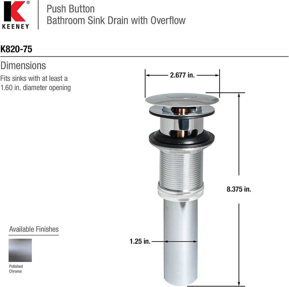 STYLEWISE by KEENEY - 1-1/4 in. Polished Chrome Brass Push-Button Bathroom Sink Drain - Model K820-75