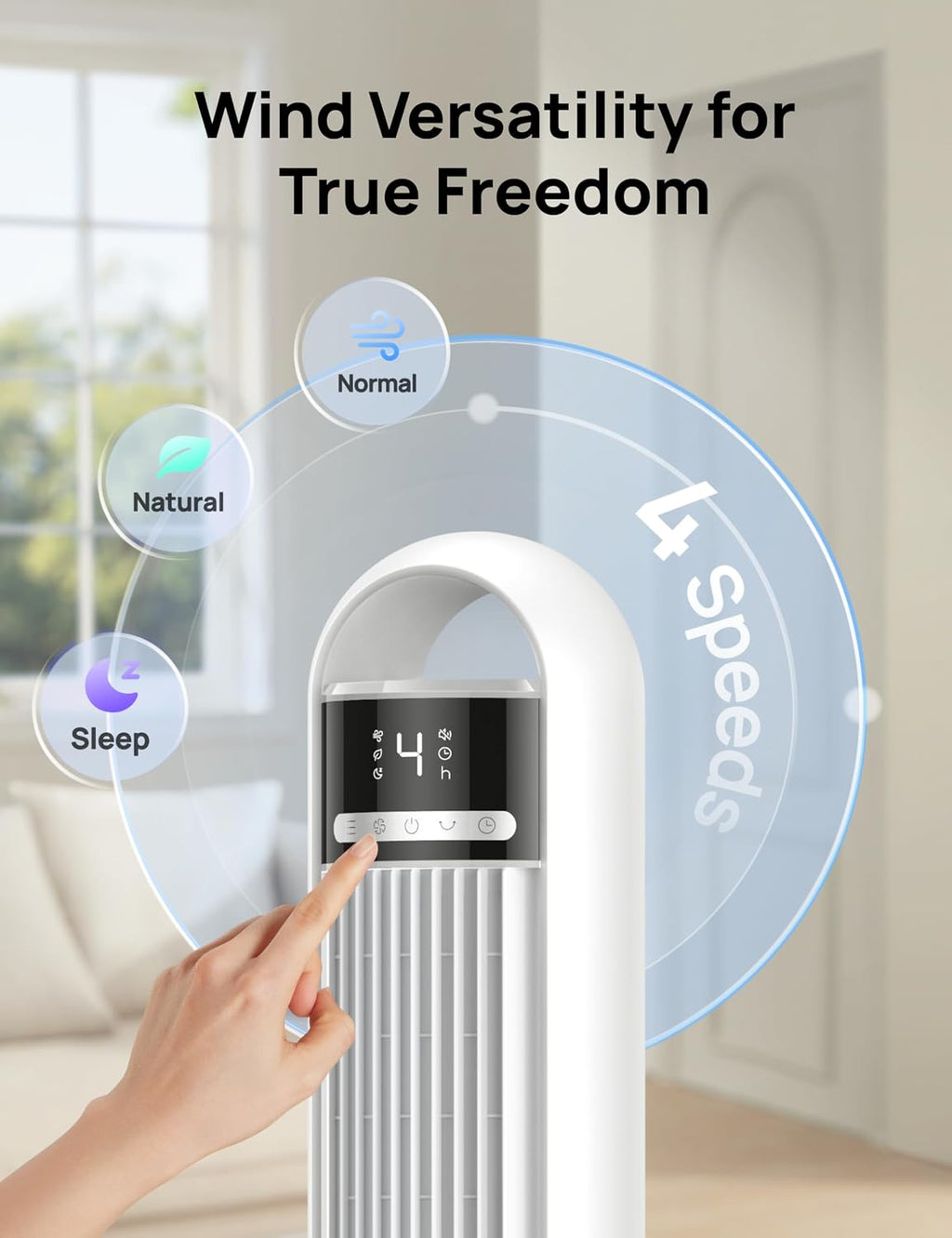 DREO Tower Fan, 4 Speeds, 3 Modes Standing Fans for Room, White