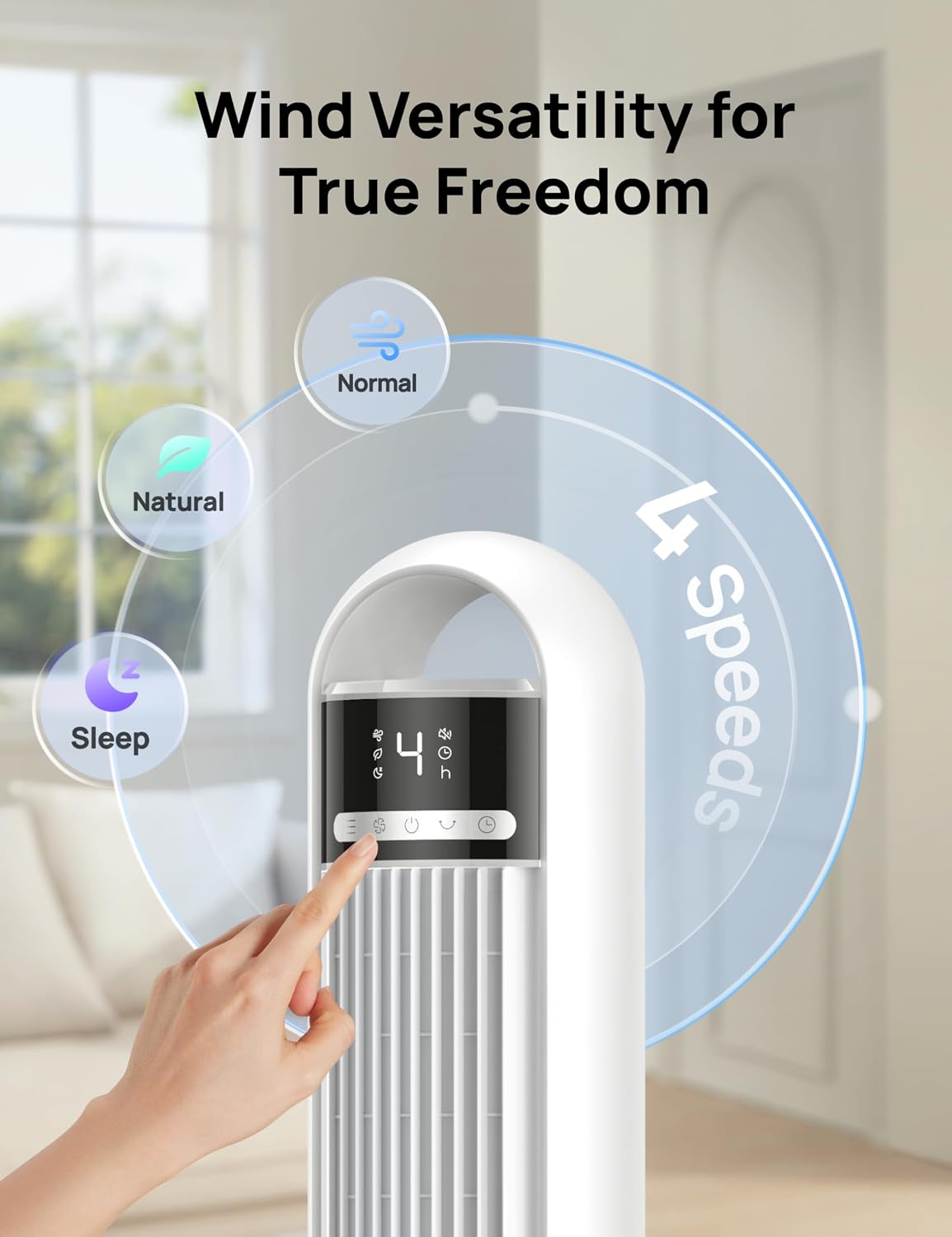DREO Tower Fan, 4 Speeds, 3 Modes Standing Fans for Room, White