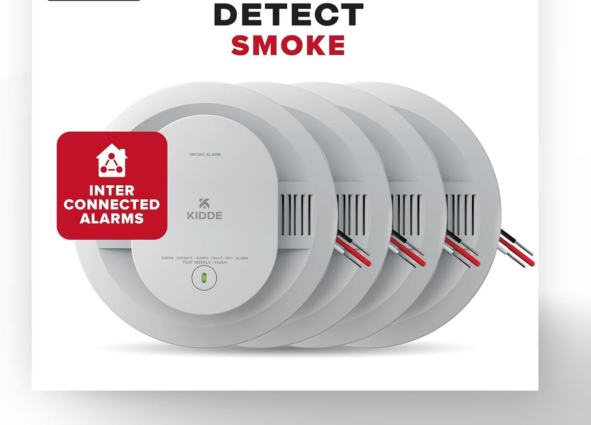 Kidde Hardwired Smoke Detector, 10-Year Battery Backup, Interconnectable, LED Warning Light Indicators, 4 Pack (NEW, OPEN BOX)