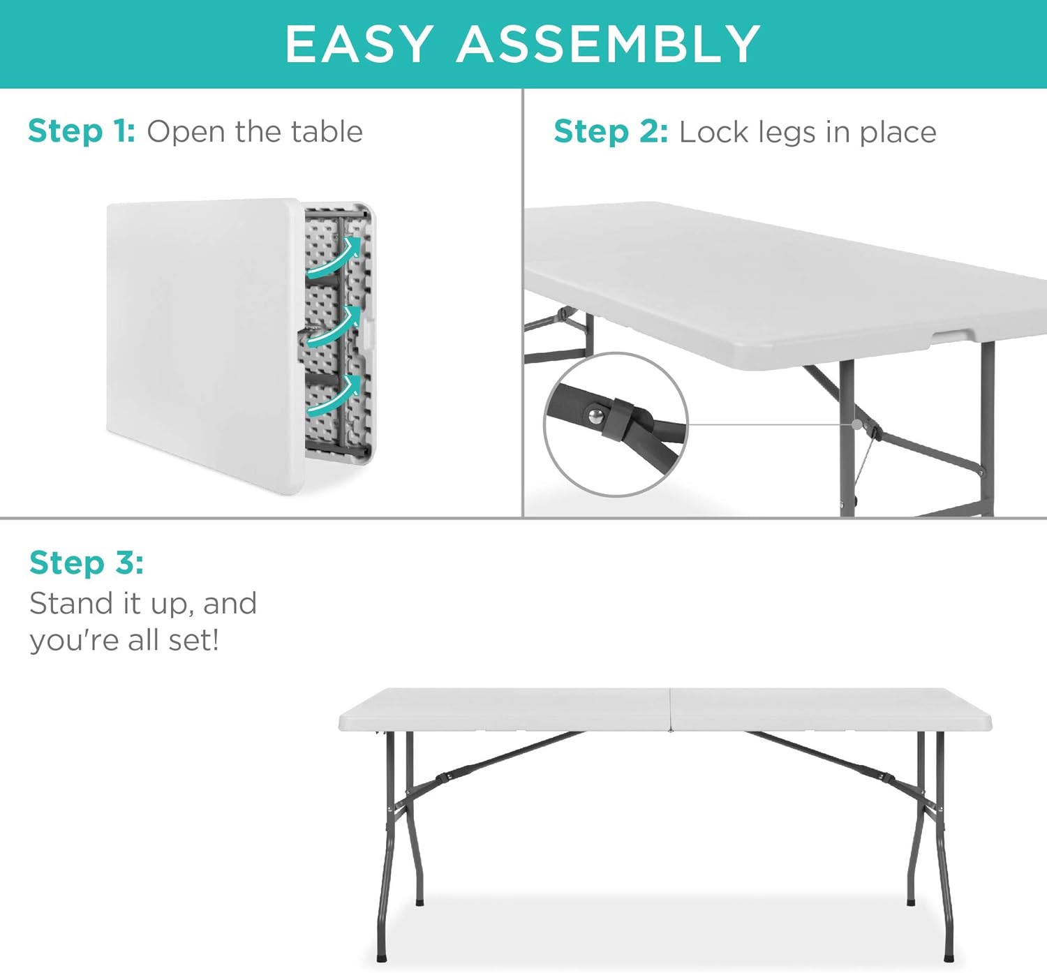 Best Choice Products - Portable Folding Plastic Dining Table w/ Handle, Lock - 6ft - White