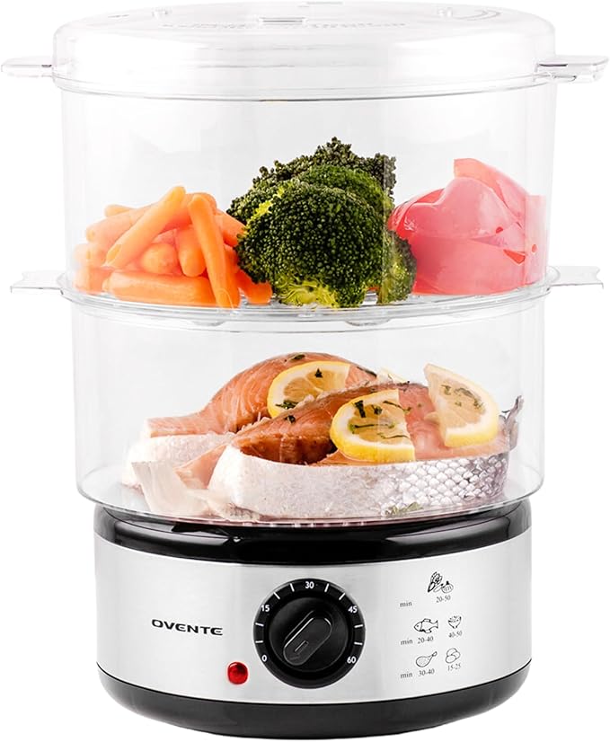 OVENTE 2-Tier Electric Food Steamer, 5 Quart Stainless Steel Stackable Steam Cooker with 400W Power, 60-Minute Timer & Auto Shut-Off