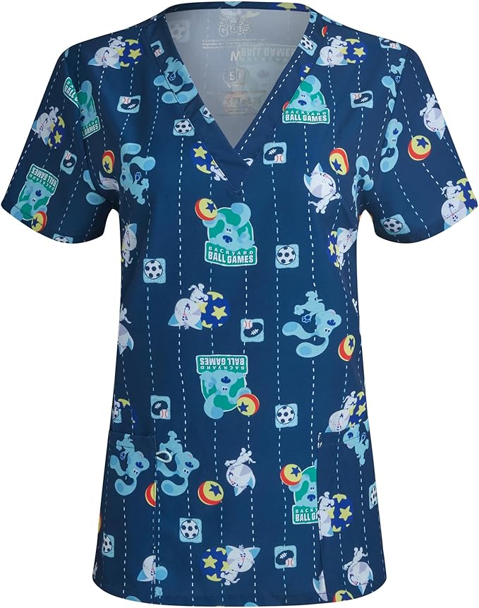 COCO BRANDS Blue's Clues Women's All Over Print, V-Neck Scrub Top with Pockets - Comfortable Work Uniform