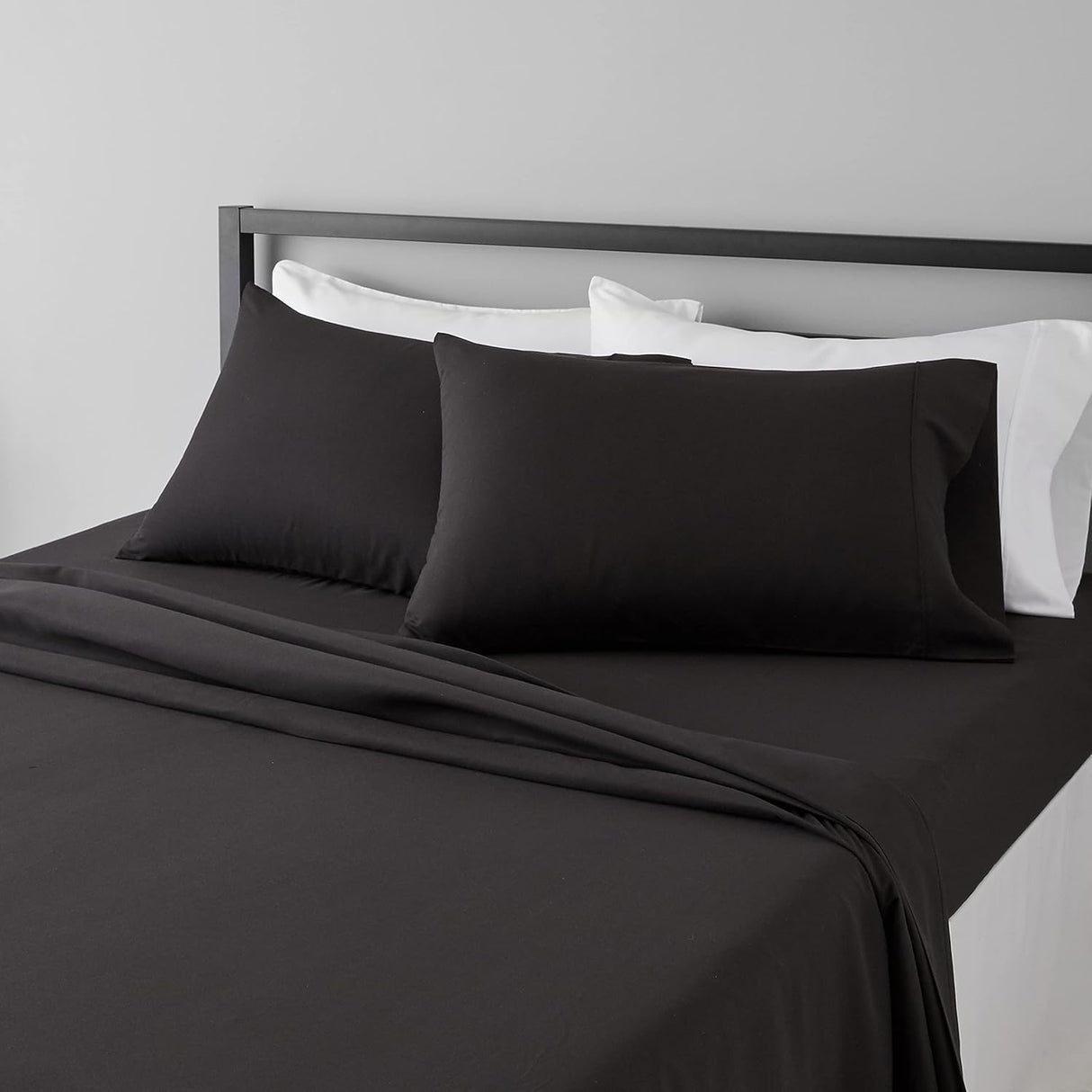 Amazon Basics Lightweight Super Soft, Breathable Wrinkle-Free Microfiber 4 Piece Bed Sheet Set with 14-Inch-Deep Pockets, King, Black, Solid