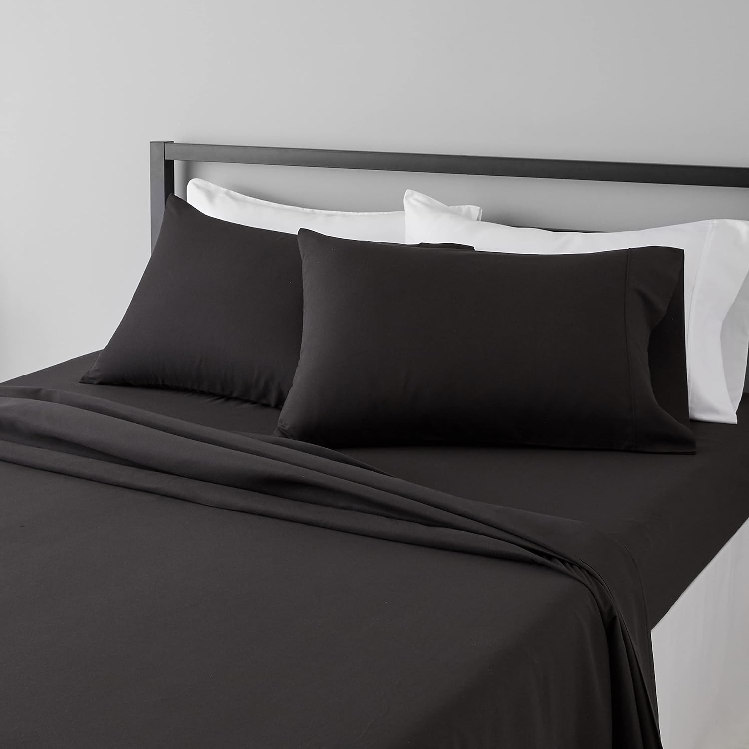Amazon Basics Lightweight Super Soft, Breathable Wrinkle-Free Microfiber 4 Piece Bed Sheet Set with 14-Inch-Deep Pockets, King, Black, Solid