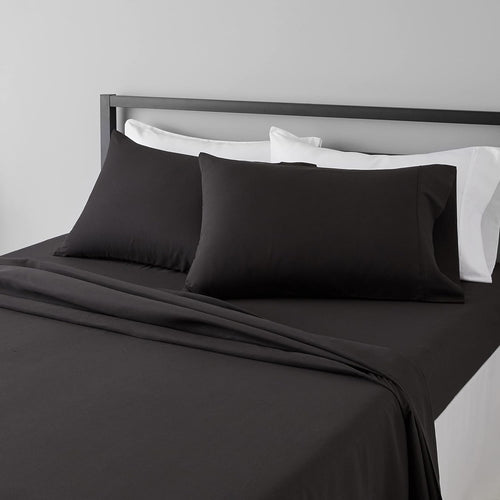 Amazon Basics Lightweight Super Soft, Breathable Wrinkle-Free Microfiber 4 Piece Bed Sheet Set with 14-Inch-Deep Pockets, King, Black, Solid