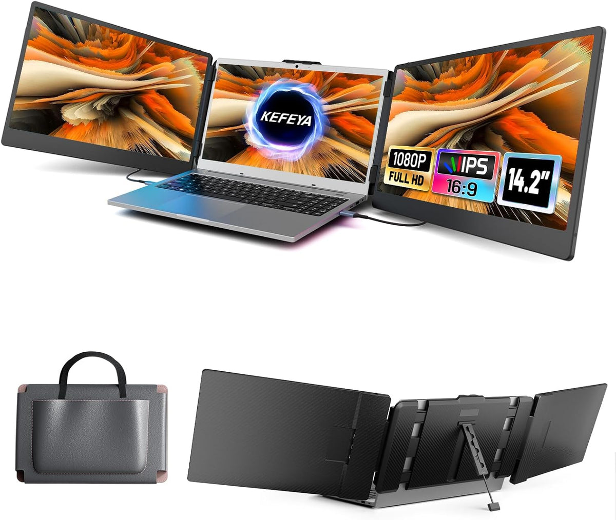 KEFEYA Laptop Screen Extender, 14.2" Portable Triple Monitor for Laptop with Full HD IPS Display