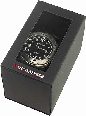 Mountaineer Mens Sport Watch Black Leather Nylon Strap White Stitching (OPEN BOX)