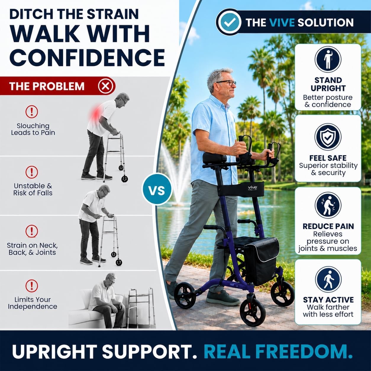 Vive Mobility Upright Walker with Seat - Stand Up Rollator - Blue