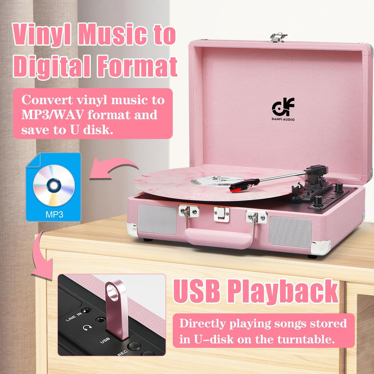 Danfi Audio Vintage Pink Suitcase Record Player - 3-Speed Turntable with Bluetooth, USB Recording, MP3 Converter, Speakers, Stylus 3098