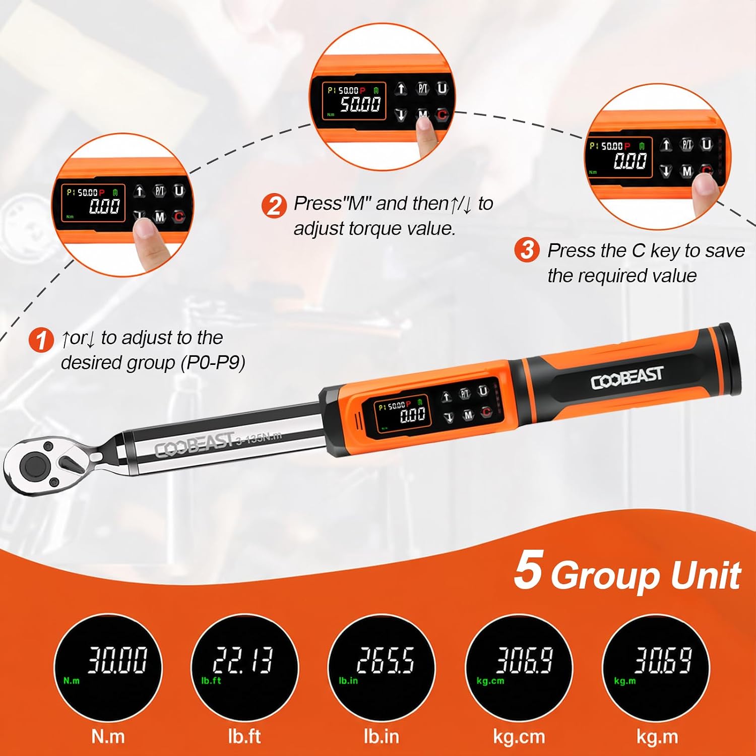 coobeast 3/8 Drive Digital Torque Wrench (1.5-99.5 Ft-lbs./2-135Nm)