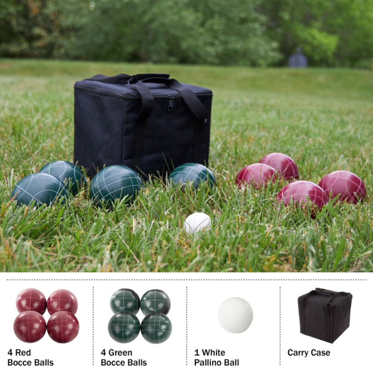Trademark Games Bocce Ball Set Regulation Size - Lawn Game for Backyard or Beach - Includes Red and Green Bocce Balls, Pallino, and Carrying Case