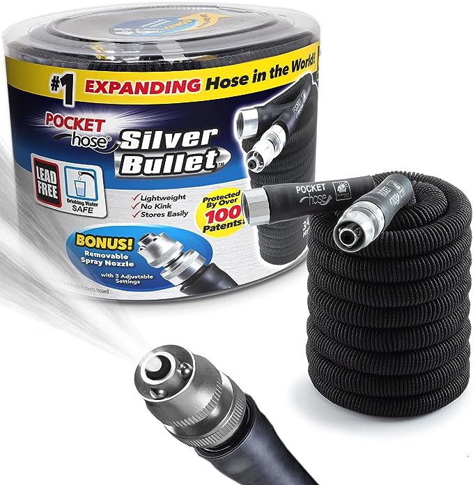 Pocket Hose Silver Bullet 50 ft Turbo Shot Nozzle Multiple Spray Patterns Expandable Garden Hose 3/4 in Solid Aluminum Fittings Lead-Free Lightweight and No-Kink,Black