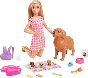 Barbie Doll & Pets Set, Blonde with Mommy Dog, 3 Newborn Puppies with Color-Change Feature & Pet Accessories