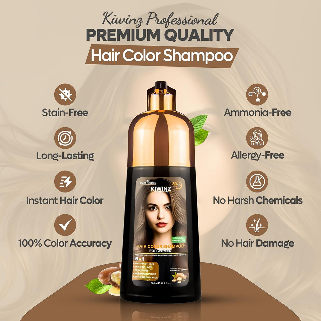Kiwinz Hair Color Shampoo – 5 in 1 Hair Dye Shampoo for Grey Hair - Instant Hair Dye with 100% Color Accuracy Enriched with Natural Ingredients (113 Light Brown)