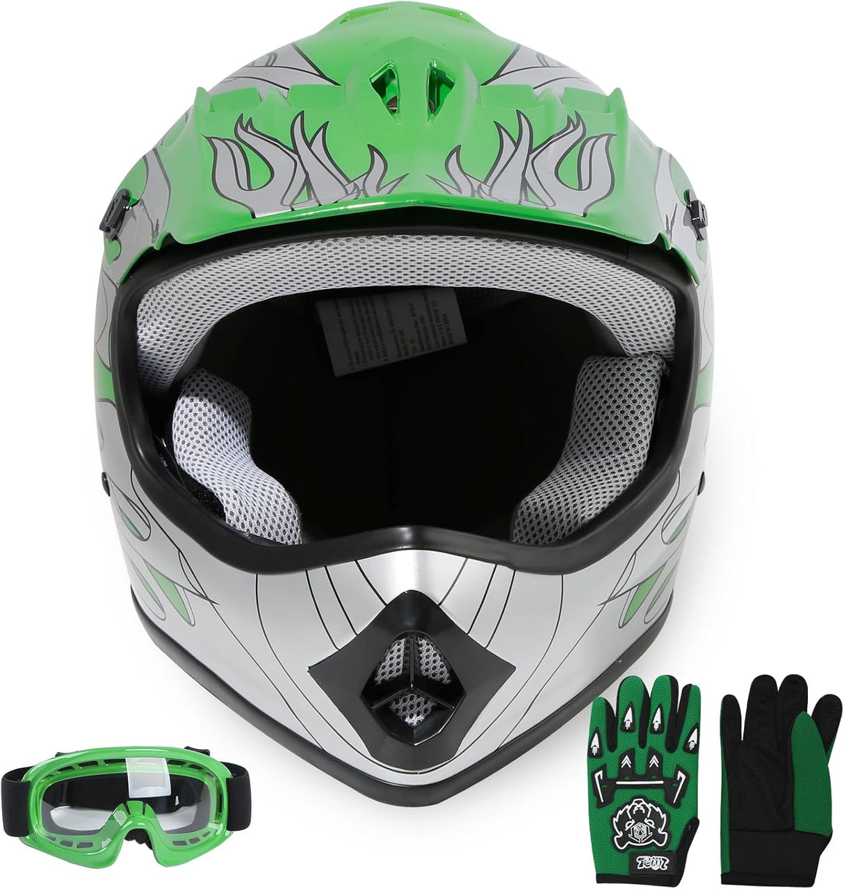 SLMOTO DOT Youth Kids Motocross Offroad Street Helmet Motorcycle Helmet Dirt Bike ATV Green Flame Helmet+Goggles+Gloves,Small