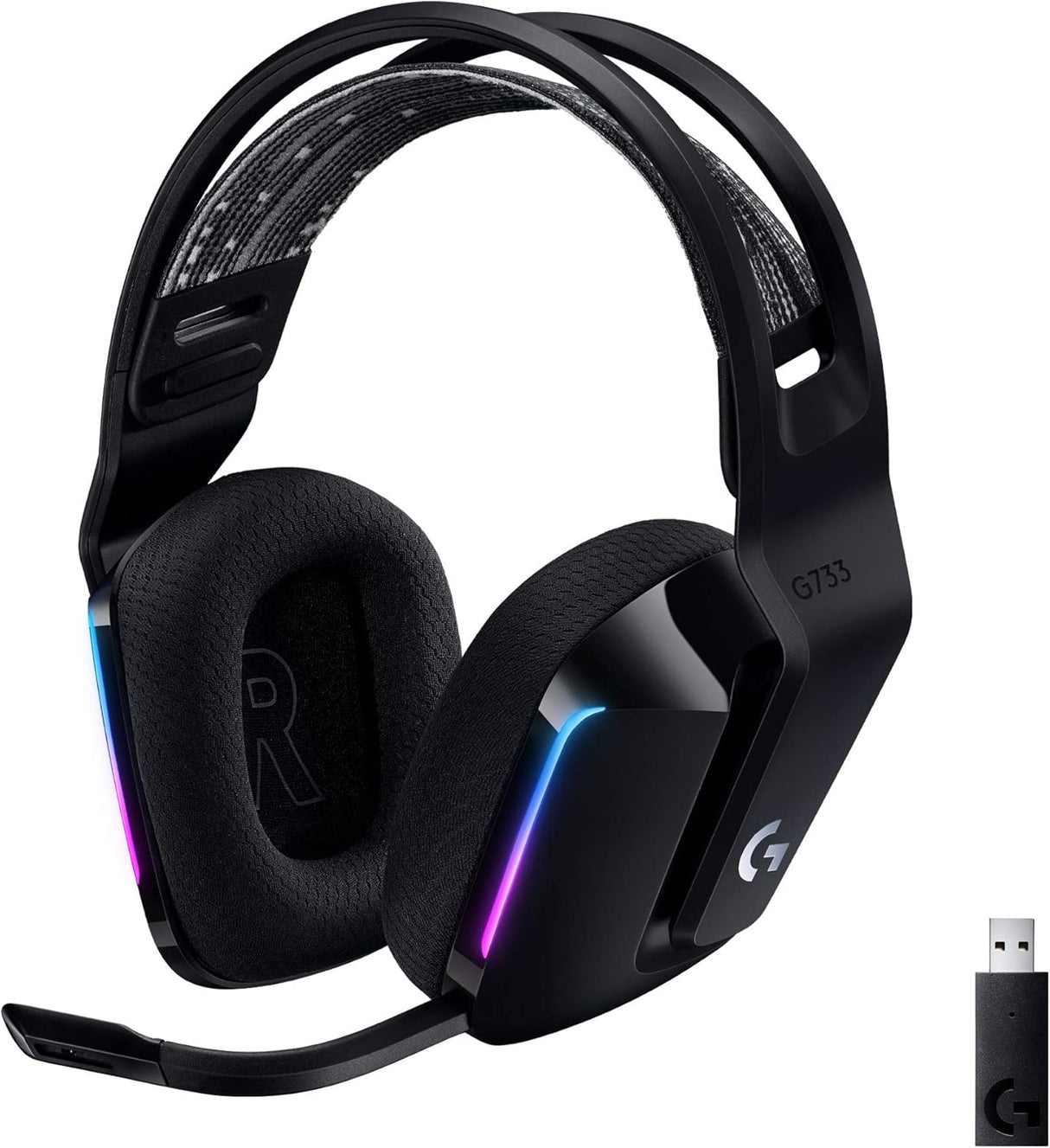 Logitech G733 Lightspeed Wireless Gaming Headset with Suspension Headband, Lightsync RGB, Blue VO!CE mic technology and PRO-G audio drivers - Black (NEW, OPEN BOX)