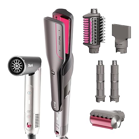 Shark FlexFusion Hair Straightener & Powerful Hair Dryer with Fusion Hair Brush, Ceramic Air Styler with Auto-Wrap Hair Curlers, Concentrator, & FrizzFighter, Ceramic Plates, Metallic Mist, HD651S