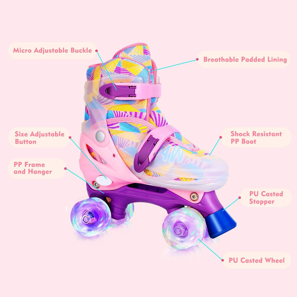 Roller Skates for Girls - Adjustable Size Double Roller Skates, with 8 Wheels Light Up, Full Protection for Children's Indoor and Outdoor Play, Roller skates for kids Beginners, Pink  Size:13-2.5