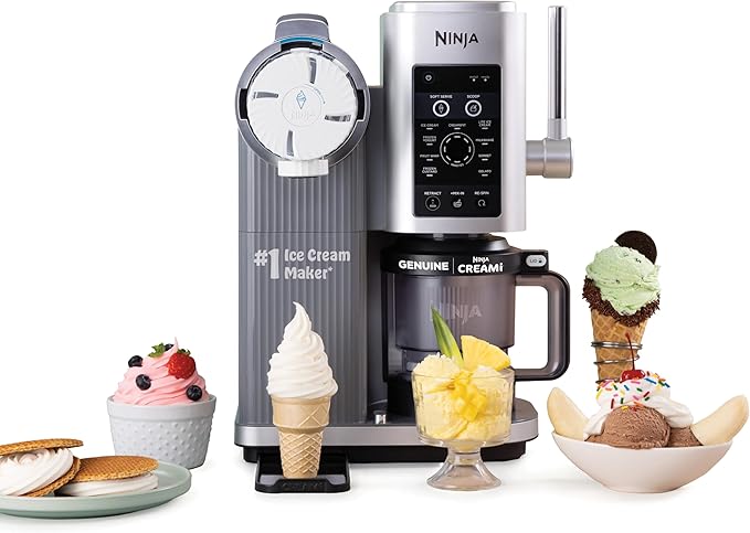 (Damaged box , but product is New) Ninja CREAMi Scoop & Swirl Ice Cream and Soft Serve Maker, Sorbet, Milkshake, Frozen Yogurt, Low Calories Program & More, 13-in-1, Soft Serve Handle & (2) CREAMi 2-in-1 16oz Pints, NC701