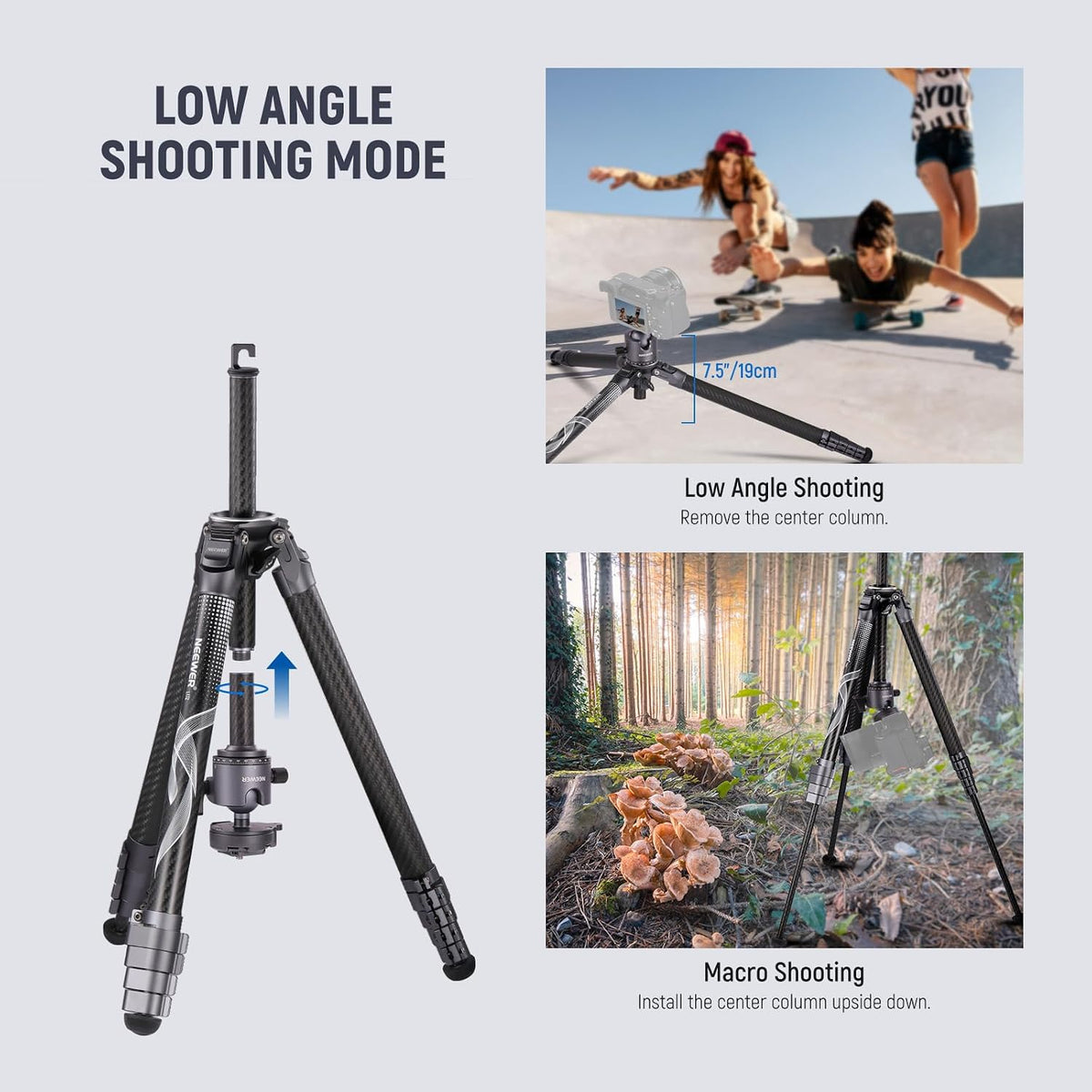 NEEWER LITETRIP LT34 62" Travel Tripod Carbon Fiber with Removable 360° Panorama Head, Center Axis, Fast Flip Buckle, Arca QR Plate Compatible with PD, Max Load 22lb/10kg