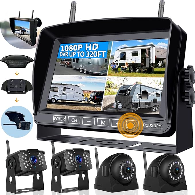 Wireless RV Backup Camera for Trailer Truck Camper Digital Rear Side View Cameras & HD 1080P 4 Splits 7" DVR Screen with Adapter for Furrion Pre-Wired IP69 Waterproof Night Vision 170° Wide View Angle