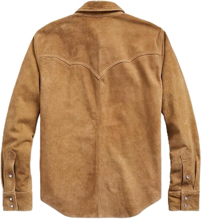 Men's Real Suede Leather Trucker Jacket - Beige - Large