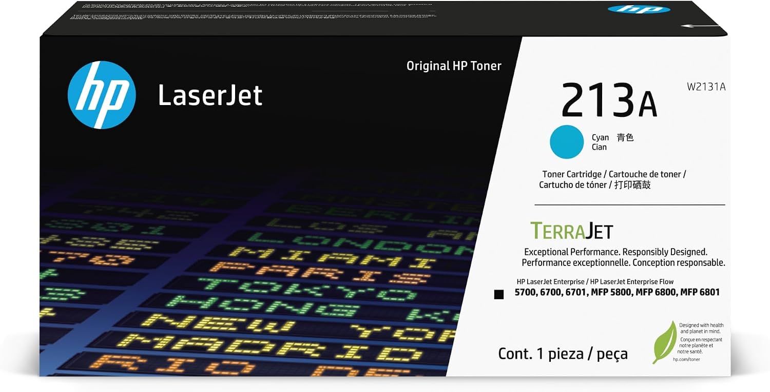 HP 213A Cyan Original LaserJet Toner Cartridge, W2131A. Works LaserJet Enterprise 5700, 5800, 6700, 6701, 6800, 6801