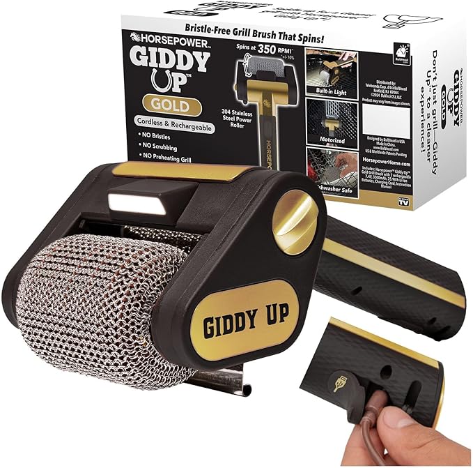 Horsepower Giddy Up GOLD Free Spinning Grill Brush w/LED, AS-SEEN-ON-TV, Cordless & Rechargeable, 304 Stainless Steel Power Roller Blasts Away Burnt-On Food, No Bristles, No Preheating
