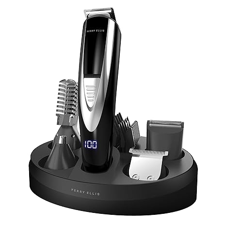 Perry Ellis 16-Piece Mens Grooming Kit - Rechargeable Beard Trimmer for Men, Electric Razor for Men Face, Body, Nose, Ear - LED Display, Charging Dock