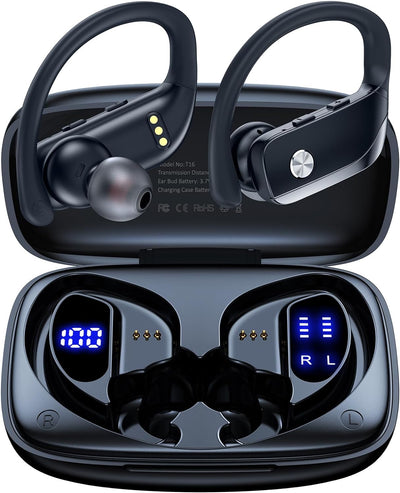 True Wireless Earbuds Bluetooth Headphones 48hrs Play Back Sport Earphones with LED Display Over-Ear Buds with Earhooks Built-in Mic Headset for Workout Black