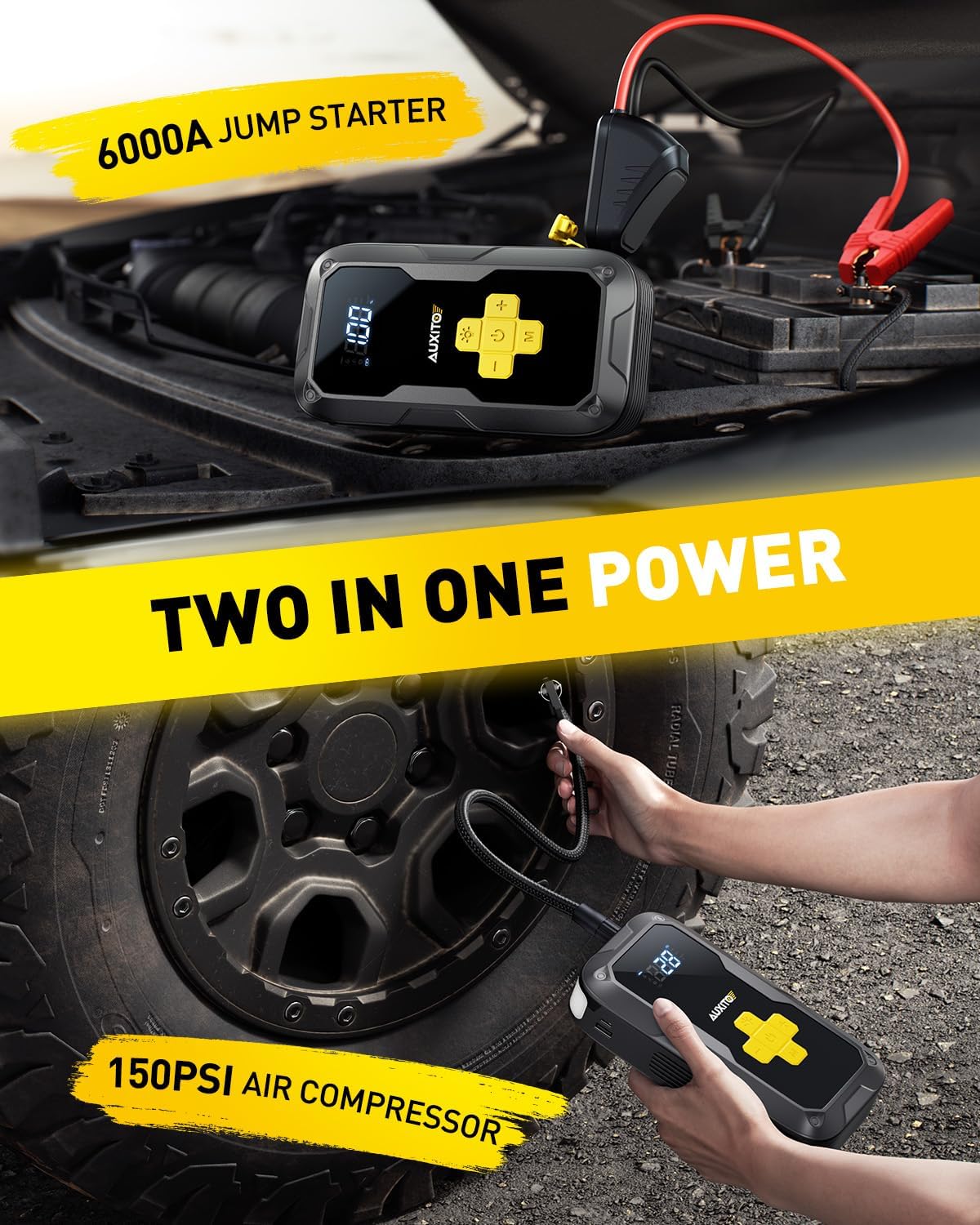 Jump Starter with Air Compressor, AUXITO 6000A Portable Car Jumper, 150PSI Digital Tire Inflator, 12V Jump Box for All Gas/8L Diesel Engine, Power Bank with Type-C Quick Charger, 400LM Emergency Light