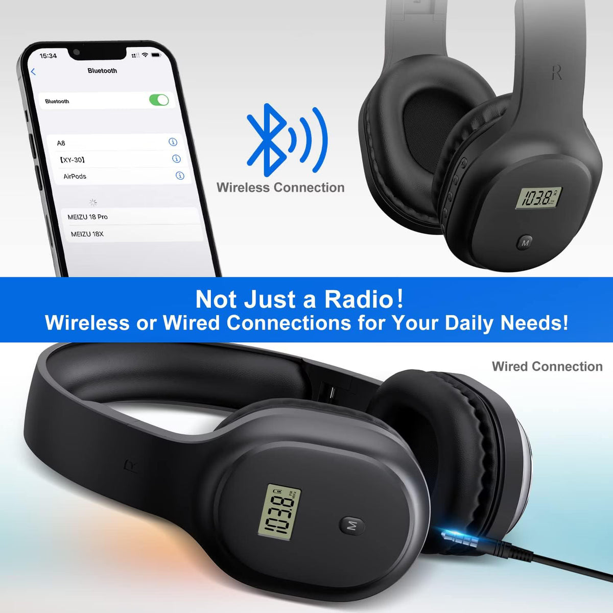 FM Radio Headphones, Rechargeable Portable Headset with Built-in Microphone, A8 (Black)