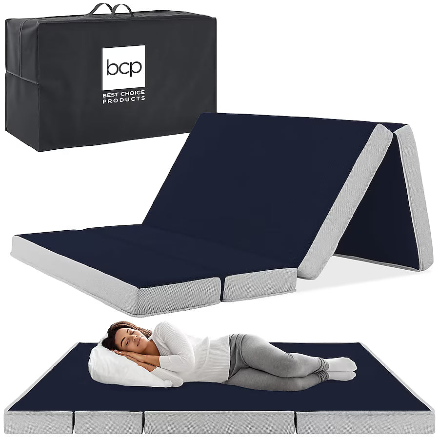 Best Choice Products - 4in Portable Mattress Topper, Tri-Fold Mattress Pad - Midnight Blue
