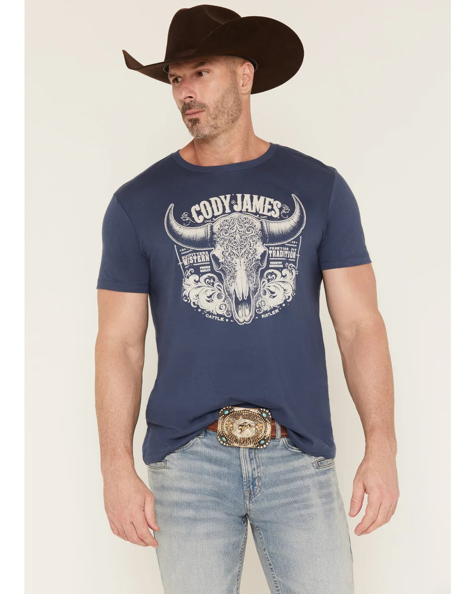 Cody James Men's Ornate Steerhead Skull Short Sleeve Graphic T-Shirt - Blue - Size Small