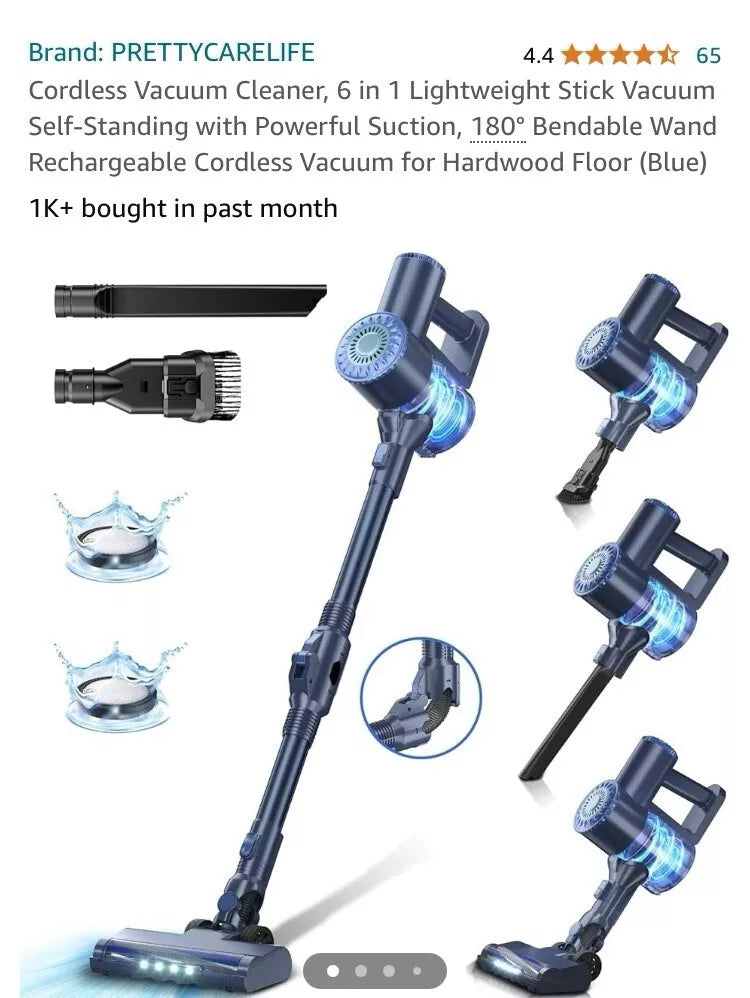 PRETTYCARE W400 Powerful Suction, Foldable Tube Upgrade Brushless Motor Cordless Vacuum Cleaner Perfect for Hard Floor, Carpet, Pet Hair, Indigo Blue (NEW)